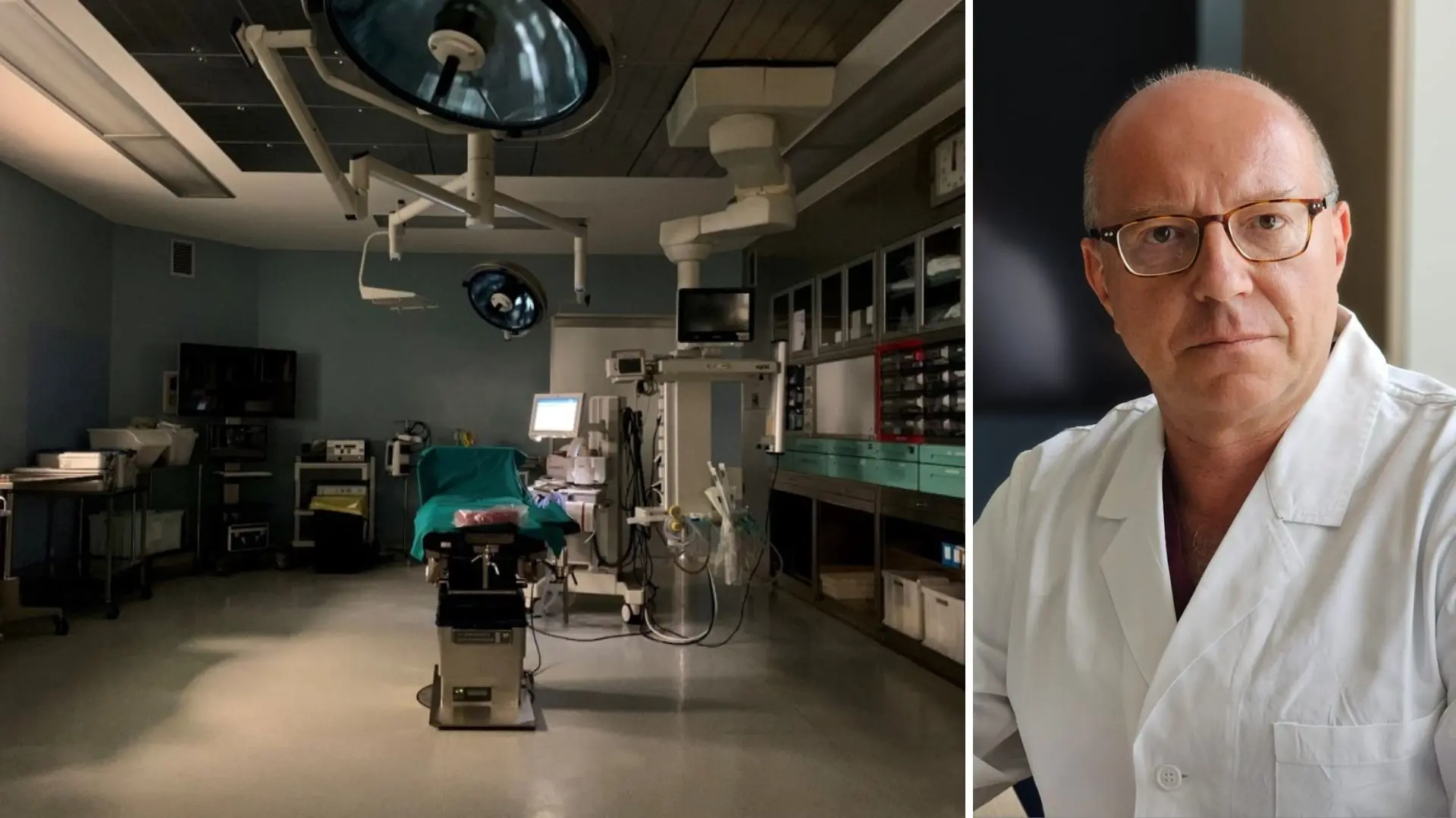 Una sala operatoria e, a destra, il dottor Marco Vindigni