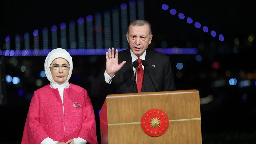 epa10948208 A handout photo made available by the Turkish President Press Office shows Turkish President Recep Tayyip Erdogan (R) and his wife Emine Erdogan (L) during celebrations of the 100th anniversary of the Turkish Republic at the Vahdettin Mansion in Istanbul, Turkey, 29 October 2023. The 100th anniversary of the proclamation of the Republic of Turkey by Mustafa Kemal Ataturk in 1923, known as Republic Day, took place on 29 October 2023. The celebrations included events such as drone and fireworks displays, celebration marches and commemoration ceremonies. EPA/TURKISH PRESIDENT PRESS OFFICE HANDOUT HANDOUT HANDOUT EDITORIAL USE ONLY/NO SALES HANDOUT EDITORIAL USE ONLY/NO SALES