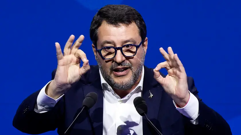 Il ministro dei Trasporti e leader della Lega Matteo Salvini durante il suo intervento alla convention del partito Identità e democrazia "Winds of Change" a Roma, 23 marzo 2024. // Italian Minister of Infrastructure Matteo Salvini during the event ÒWinds of Change - Towards a Europe of CooperationÓ, organized by the Identity and Democracy Party in the presence of the leader of the League, at Roma Studios, in Rome, Italy, 23 March 2024. ANSA/ANGELO CARCONI