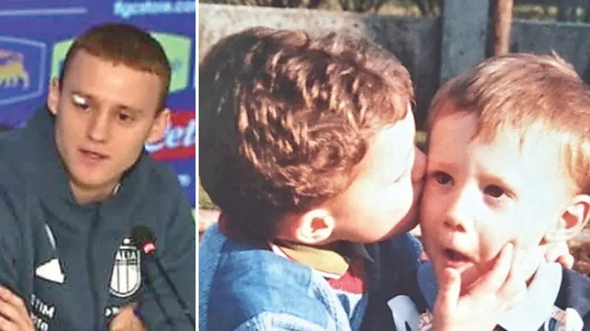Pietro Comuzzo, 19 anni; a destra un una foto da bambino con il fratello gemello Francesco