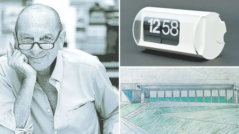 Un ritratto dell’architetto Gino Valle; a destra un celebre orologio Solari (sopra) e lo stabilimento Fantoni
