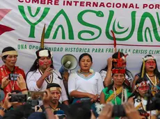 epa11557138 The Waorani people of the Amazon demonstrate in Quito, Ecuador, 20 August 2024. Dozens of indigenous Waorani people, who live in the Ecuadorian Amazon, marched to the country's capital to demand that the government close, dismantle and repair the territory affected by oil exploitation in the Yasuni National Park, a biosphere reserve. EPA/JOSE JACOME