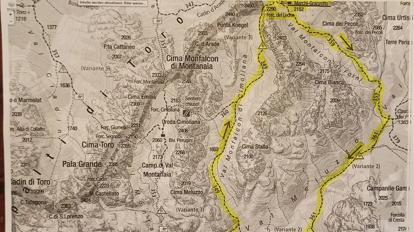 L'itinerario che i due escursionisti avrebbero compiuto partendo dalla Val Cimoliana, ovvero l'anello del Bivacco Marchi Granzotto passando per Casera Pecoli, nelle Dolomiti Friulane
