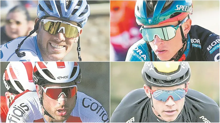 Quattro professionisti friulani: in alto, da sinistra, Alessandro De Marchi (Team Jayco), 36 anni, Matteo Fabbro (Bora Hangrohe) 27, Davide Coimolai (Cofidis) 33 e Jonathan Milan (Bahrain Victorious) 22