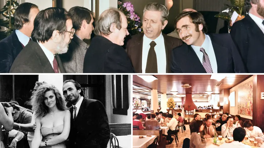 Pietro Di Martino con l’attrice Jessica Moore e, a destra, l’interno del locale. Sopra, con il sindaco Candolini