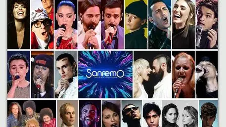 SANREMO 2023 - DA SX IN ALTO: GIORGIA, ARTICOLO 21 + DJ AX, ELODIE, COLAPESC E E DIMARTINO, ARIETE, MOSA', MARA SATTEI, LEO GASSMANN. DA SX, AL CENTRO: MADAME, G. GRIGNANI, ROSA CHEMICAL (LOGO SANREMO), COMA COSE, LEVANTE, ULTIMO. DA SX, IN BASSO: CUGINI DI CAMPAGNA, MR. RAIN, MARGO MENGONI, ANNA OXA, LAZZA, TANANAI, PAOLA & CHIARA, LDA.