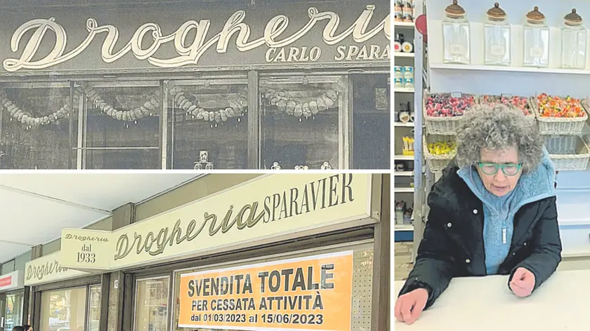 Le vetrine della drogheria Sparavier inaugurata il primo maggio del 1933: sopra, in via Manin, sotto oggi in viale Ungheria. A destra l'ultima titolare, Maria Sparavier