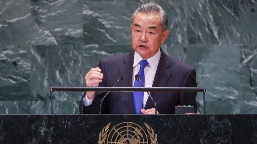 epa11621109 Foreign Minister of the People's Republic of China Wang Yi speaks during the 'Summit of the Future' being held in advance of this week’s General Debate of the 79th session of the United Nations General Assembly at United Nations Headquarters in New York, New York, USA, 23 September 2024. EPA/SARAH YENESEL