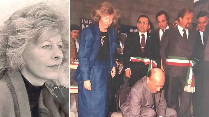 Un primo piano di Miriam Calderari, a destra la posa della prima pietra del palazzo Orgnani Martina