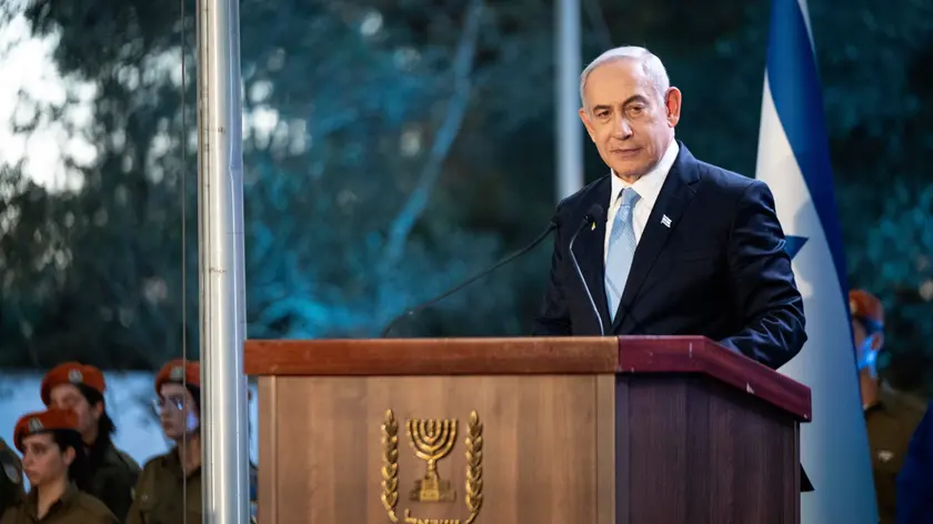 epa11526316 Israeli Prime Minister Benjamin Netanyahu speaks during the state memorial for former Revisionist Zionist leader and author Ze'ev Jabotinsky at Mount Herzl Military Cemetery in Jerusalem, 04 August 2024. Jabotinsky died on 03 August 1940. EPA/Naama Grynbaum / POOL