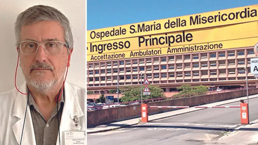 Il dottor Stefano Pizzolitto e l'ingresso dell’ospedale Santa Maria della Misericordia di Udine