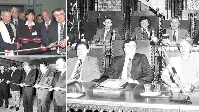 In basso a sinistra, poi in senso orario: Barazza quando da sindaco nel 1997 chiamò all'inaugurazione del teatro anche Mussato, Zanfagnini, Bressani e Cadetto; il taglio del nastro della sede di Nordest banca in viale Venezia; la giunta con Barazza tra Montich e Di Prampero