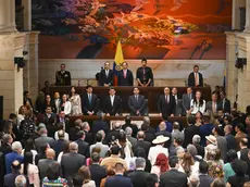 epa10759003 The President of Colombia Gustavo Petro (C) attends the installation of the ordinary sessions of the Congress of the Republic 2023-2024, in Bogota, Colombia, 20 July 2023. At the opening of the new session of Congress, the Colombian President defended his social reforms, which are facing difficulties, as in the previous legislature, due to a lack of political support. EPA/Natalia Pedraza