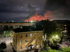 epa10827977 A handout photo made available by the Governor of Russian Pskov region Mikhail Vedernikov Telegram channel shows smoke billowing and explosions light after Russian militaries destroyed drones in Pskov, Pskov region, Russia, 30 August 2023. The Pskov airport was attacked by drones, the governor of the region Mikhail Vedernikov said. Four Il-76 aircraft were damaged. EPA/GOVERNOR OF PSKOV REGION/HANDOUT -- BEST QUALITY AVAILABLE -- HANDOUT EDITORIAL USE ONLY/NO SALES