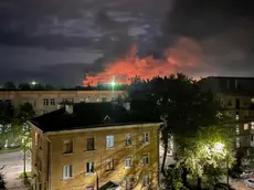epa10827977 A handout photo made available by the Governor of Russian Pskov region Mikhail Vedernikov Telegram channel shows smoke billowing and explosions light after Russian militaries destroyed drones in Pskov, Pskov region, Russia, 30 August 2023. The Pskov airport was attacked by drones, the governor of the region Mikhail Vedernikov said. Four Il-76 aircraft were damaged. EPA/GOVERNOR OF PSKOV REGION/HANDOUT -- BEST QUALITY AVAILABLE -- HANDOUT EDITORIAL USE ONLY/NO SALES