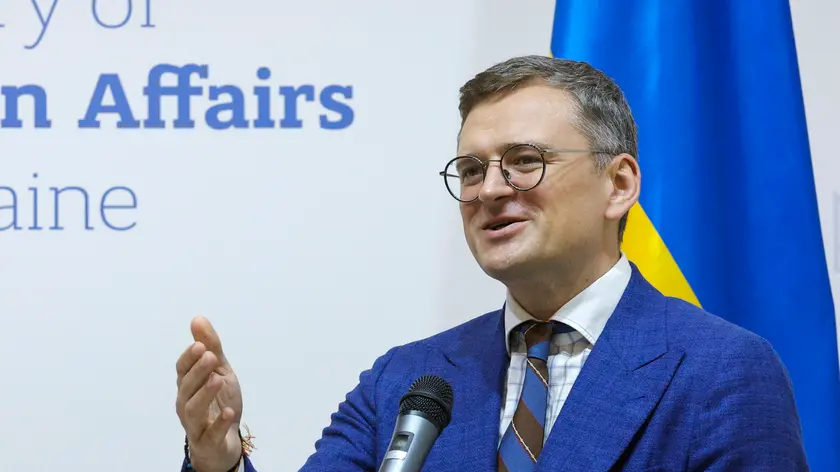 epa11387323 Ukrainian Foreign Minister Dmytro Kuleba addresses a joint press conference with the Estonian foreign minister after their meeting in Kyiv (Kiev), Ukraine, 03 June 2024. The Estonian foreign minister arrived in Kyiv to meet with top Ukrainian officials amid the ongoing Russian invasion. EPA/SERGEY DOLZHENKO