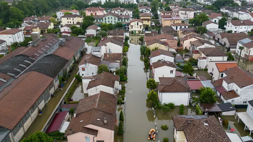 Aerial view shows Italian Fireman rescued people trapped in their houses in Lugo, 19 May 2023. The death toll from this week's deadly flooding in the northeastern region of Emilia Romagna has climbed to 14 after the police recovered the body of a man in his 70s in Faenza early on FridayANSA/EMANUELE VALERI