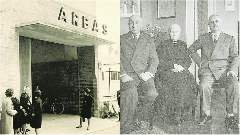 Da sinistra: l’ingresso della Arbas in via Micesio a Udine negli anni '60 e Armando Basevi (a sinistra) con mamma Adele e il fratello Arturo