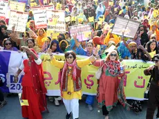 epa11206520 Pakistani women hold placards during a rally to mark International Women's Day in Hyderabad, Pakistan, 08 March 2024. International Women's Day is observed annually on 08 March across the world. The 2024 theme is 'Invest in Women: Accelerate Progress'. EPA/NADEEM KHAWAR