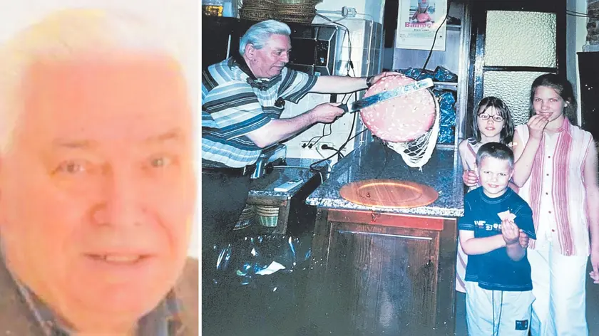 Pietro Chiandussi, per tutti “Pieri mortadele”: a destra mentre taglia la mortadella con i suoi nipoti da piccoli