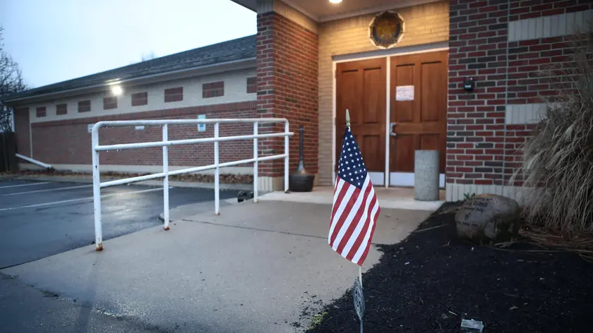 epa08300418 A sign at the American Legion Hall lets voters know the election is postponed for the Ohio presidential primary election in Waynesville Ohio, USA, 17 March 2020. Ohio Governor Mike DeWine advised late 16 March that the state's Health Department Director would order polls closed as a health emergency (as part of continuing efforts to prevent the spread of the SARS-CoV-2 coronavirus which causes the Covid-19 disease) after a judge rejected the Governor's request to postpone the primary. EPA/MARK LYONS