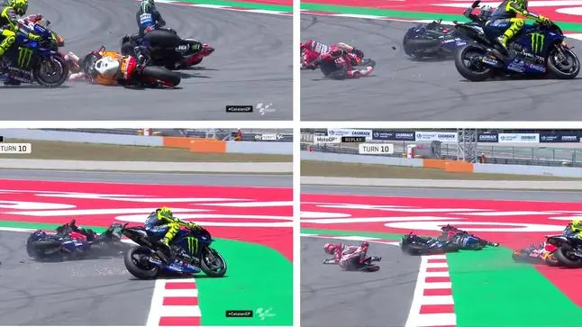 Un fermo immagine da Sky mostra la caduta di gruppo che ha coinvolto alla curva 10 del Gp di Catalogna i piloti di testa obbligando al ritiro Andrea Dovizioso, Valentino Rossi, Maverick Vinales e Jorge Lorenzo. E' stato lo spagnolo della Honda a innescare la carambola: ha 'perso' l'anteriore e travolgendo prima il forlivese della Ducati e poi facendo cadere i due portacolori della Yamaha, 16 giugno 2019. ANSA/SKY