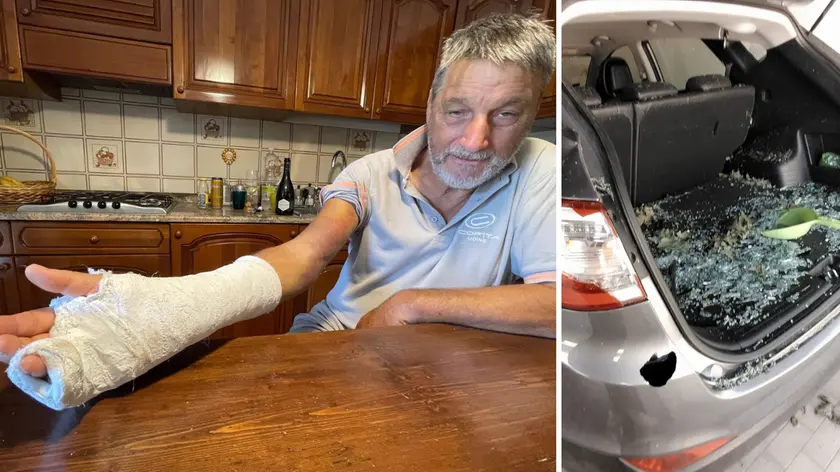 Mauro Zanello mostra il braccio rotto dopo che la grandine l'ha colpito. A destra l'auto distrutta durante la tempesta