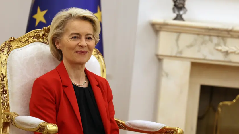 epa10949022 President of the European Commission Ursula von der Leyen smiles during her meeting with the President of Kosovo Vjosa Osmani in Pristina, Kosovo, 30 October 2023. President von der Leyen is on an official visit to Kosovo. EPA/ENES SAHITI