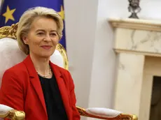 epa10949022 President of the European Commission Ursula von der Leyen smiles during her meeting with the President of Kosovo Vjosa Osmani in Pristina, Kosovo, 30 October 2023. President von der Leyen is on an official visit to Kosovo. EPA/ENES SAHITI
