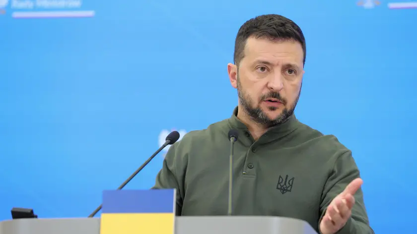 epa11466579 Ukrainian President Volodymyr Zelenski during a joint press conference with Polish Prime Minister Donald Tusk at the Chancellery in Warsaw, Poland, 08 July 2024. Ukrainian President Wolodymyr Zelenski is on a visit to Poland, during which he will also meet with President Andrzej Duda. Polish Prime Minister and Ukrainian President signed a security agreement between Poland and Ukraine. EPA/Rafal Guz POLAND OUT