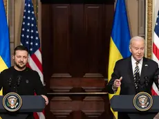epa11025638 US President Joe Biden (R) and Ukrainian President Volodymyr Zelensky (L) hold a joint news conference in the Indian Treaty Room of the Eisenhower Executive Office Building, on the White House complex in Washington, DC, USA, 12 December 2023. Ukrainian President Zelensky is in Washington to meet with members of Congress at the US Capitol and US President Joe Biden at the White House to make a last-ditch effort to convince the US Congress for further military aid before the holiday recess. Republicans want concessions from Democrats on border security in order to support aid to Ukraine. EPA/MICHAEL REYNOLDS