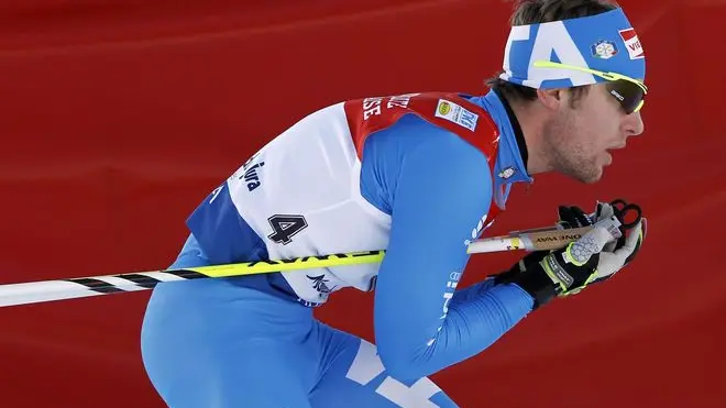 Alessandro Pittin, of Italy, competes during the ski portion on his way to win the Nordic Combined Ski World Cup of Chaux-Neuve, eastern France, Sunday, Jan. 15, 2012. (AP Photo/Laurent Cipriani)