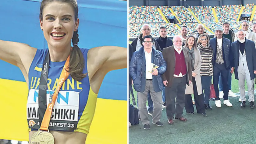 Yaroslava Mahuchikh e a sinistra i protagonisti della presentazione di UdinJump 2025 alla Sadio Friuli-Bluenergy Stadium foto petrussi
