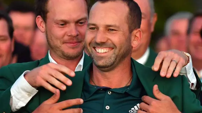 Defending Masters champion Danny Willett places the jacket on Sergio Garcia during the green jacket ceremony following a one-hole playoff win against Justin Rose after both finished their rounds at nine-under, forcing the playoff. The final round of the 81st Masters tournament took place on Sunday, April 9, 2017 at the Augusta National Golf Club in Augusta, GA, USA. Photo by Brant Sanderlin/Atlanta Journal-Constitution/TNS/ABACAPRESS.COM