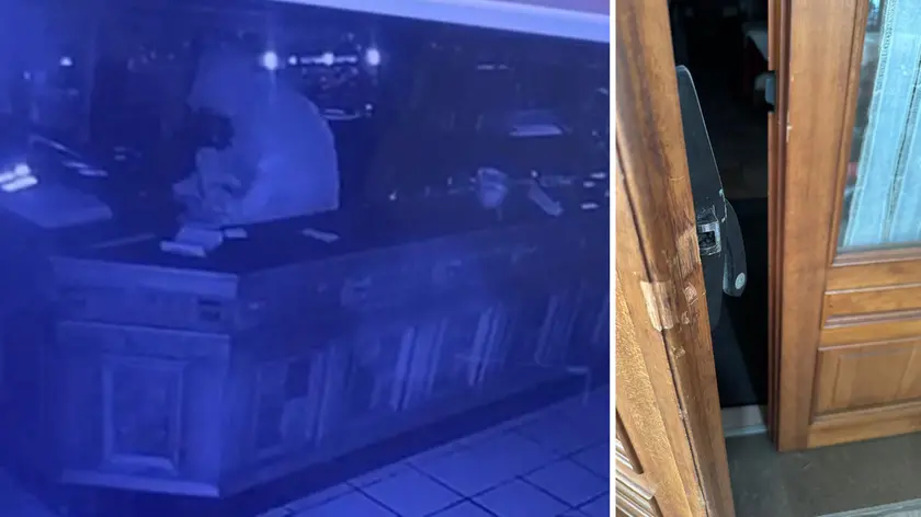 Un fotogramma del video che riprende il ladro al Fogolâr e la porta, a destra, spaccata dal malvivente