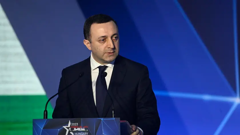 epa10607883 Georgian Prime Minister, Irakli Garibashvili, addresses the opening session of the Conservative Political Action Conference (CPAC) Hungary, in Budapest, Hungary, 04 May 2023. The two-day CPAC meeting organized by the Center for Fundamental Rights of Hungary features some 60 prestigious foreign speakers from 20 countries and five continents. EPA/Szilard Koszticsak HUNGARY OUT