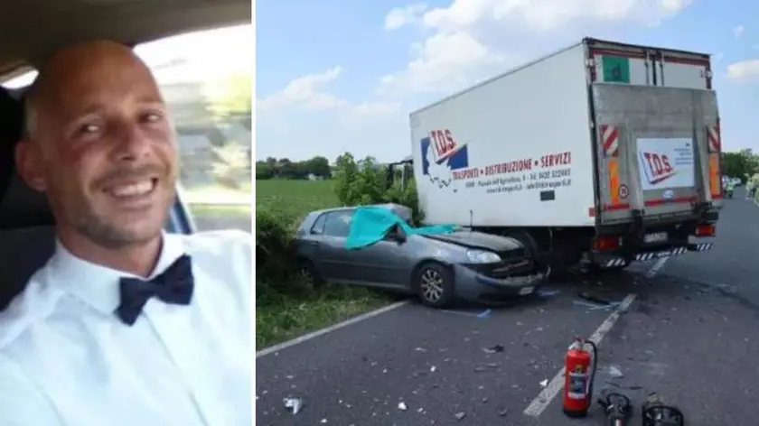 La vittima, Stefano Sbisà, aveva 44 anni: a destra i veicoli coinvolti nel tragico incidente