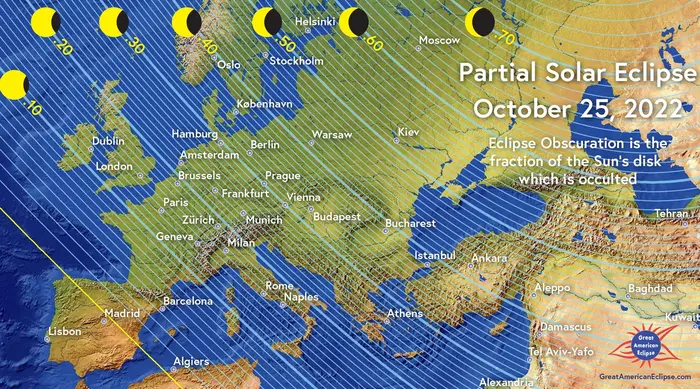La percentuale di oscuramento del Sole in Europa nell'eclissi del 25 ottobre 2022 (fonte: GreatAmericanEclipse.com)