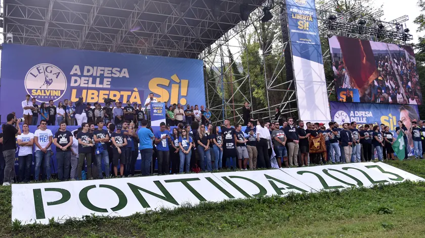 Il leader della Lega, Matteo Salvin, durante il raduno di Pontida, 17 settembre 2023. ANSA / MICHELE MARAVIGLIA The leader of the League, Matteo Salvini, during the Pontida Rally, near Bergamo, Italy, 17 September 2023. ANSA / MICHELE MARAVIGLIA
