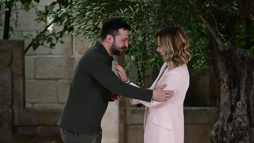 Italy's Prime Minister Giorgia Meloni welcomes the Ukrain president Volodymyr Zelens'kyj during the G7 Borgo Egnazia Summit in Borgo Egnazia (Brindisi), southern Italy, 13 June 2024. ANSA/ CIro Fusco