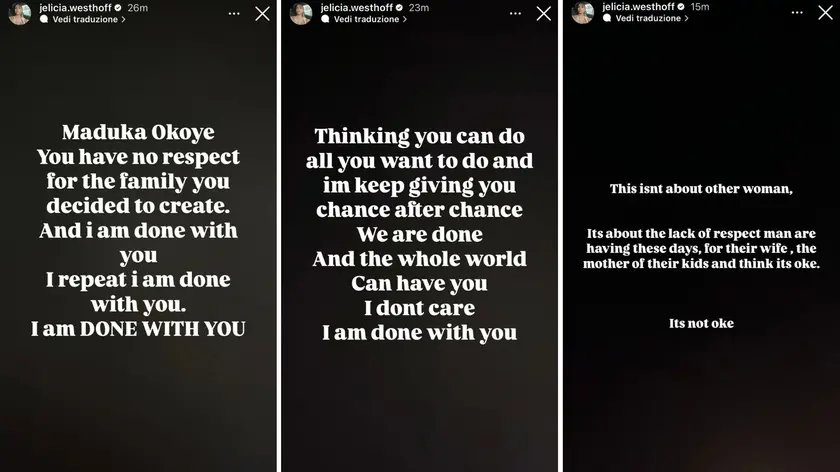 « Non voglio aver più nulla a che fare con te, hai mancato di rispetto alla tua famiglia», così Jelicia Westhoff su Instagram che ha aggiunto che «non va bene che gli uomini trattino male le proprie mogli».