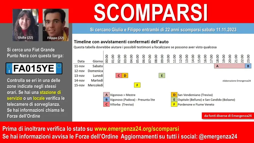 La foto pubblicata per le ricerche di Giulia Cecchettin, 22enne di Vigonovo, e dell'ex fidanzato, Filippo Turetta, suo coetaneo residente a Torreglia, nel Padovano, 16 novembre 2023. X EMERGENZA24 +++ATTENZIONE LA FOTO NON PUO' ESSERE PUBBLICATA O RIPRODOTTA SENZA L'AUTORIZZAZIONE DELLA FONTE DI ORIGINE CUI SI RINVIA++ONLY+++NPK+++
