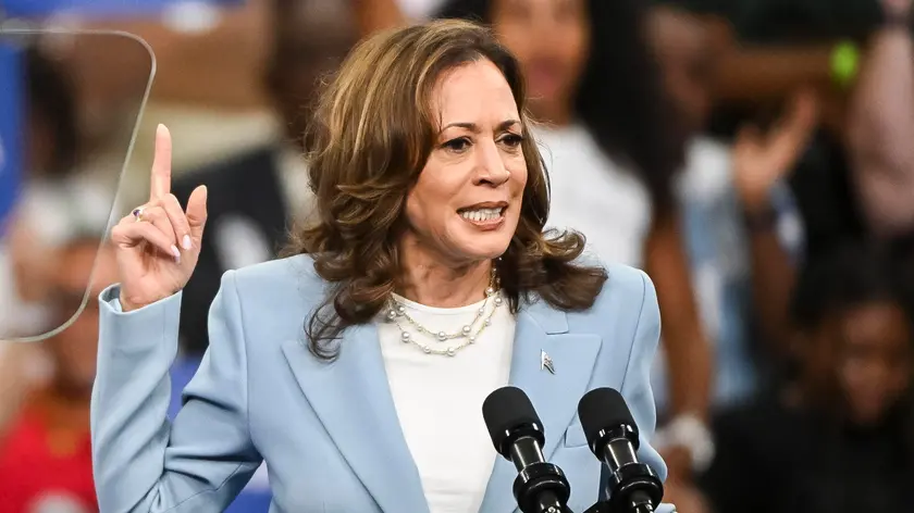 epa11510609 US Vice President Kamala Harris speaks during a campaign rally at Georgia State Convocation Center in Atlanta, Georgia, USA, 30 July 2024. Vice President Harris is widely expected to become the Democratic presidential nominee after US President Joe Biden dropped out of the race earlier in July. EPA/EDWARD M. PIO RODA