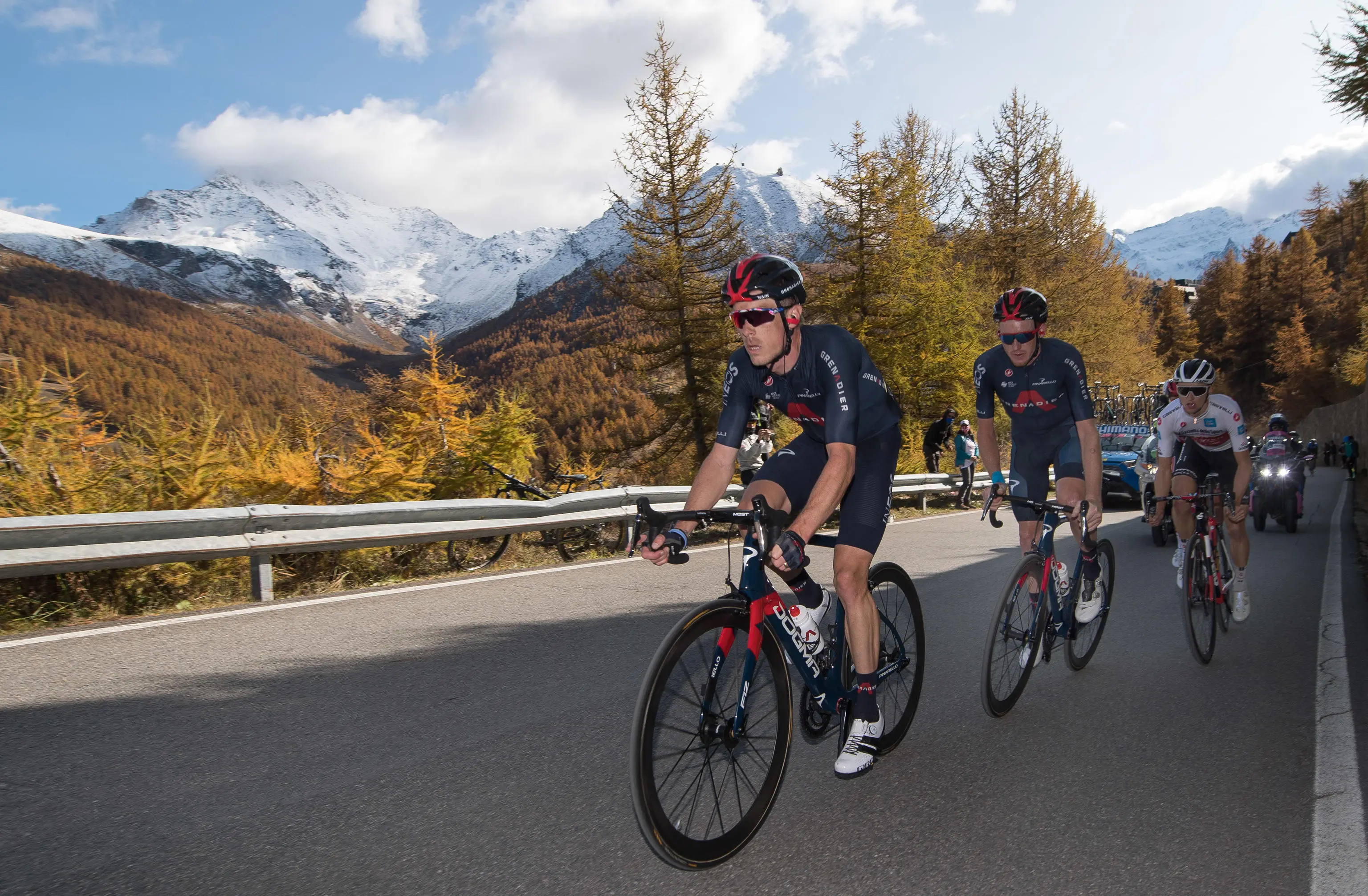 (L-R) Australian Rohan Dennis of Ineos Grenadiers team , British rider Tao Geoghegan Hart of Ineos Grenadiers team, Australian rider Jai Hindley tof Team Sunweb in action during the 20th stage of the 2020 Giro d'Italia cycling race over 190km from Alba to Sestriere, Italy, 24 October 2020. ANSA/LUCA ZENNARO