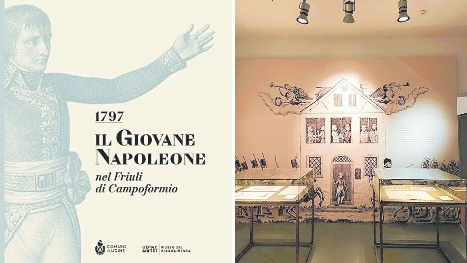 Il ritratto di Napoleone sulla locandina e l’allestimento della mostra (foto Comune di Udine)