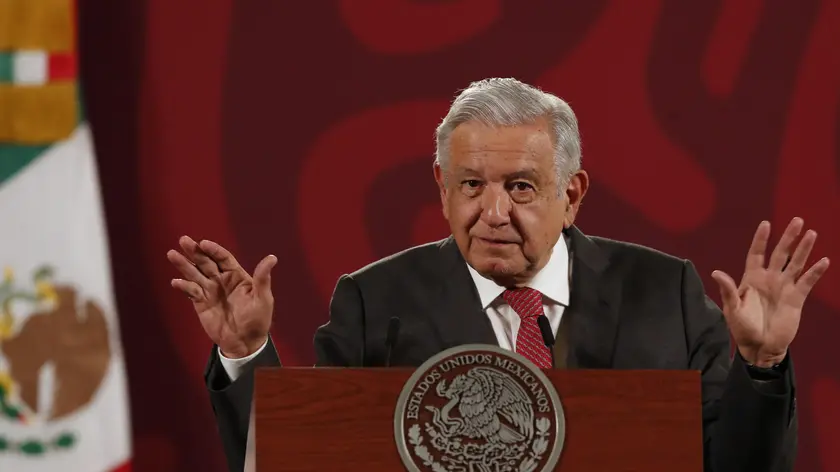 epa10185833 Mexican President Andres Manuel Lopez Obrador (AMLO) speaks during a press conference at the National Palace in Mexico City, Mexico 15 September 2022. The Mexican government has released over 2,500 inmates since 2018 during the Presidency of Andres Manuel Lopez Obrador, thanks to the Amnesty Law introduced by the head of state, whose mandate runs untils 2024. EPA/MARIO GUZMAN