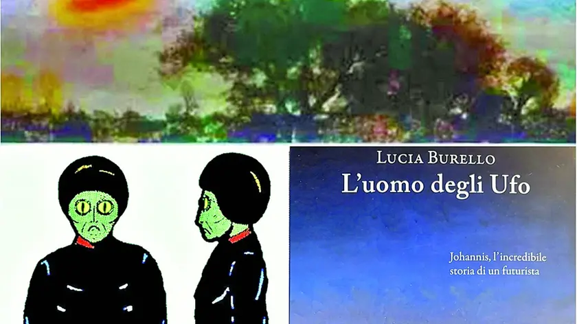 Un disegno dell’artista friulano sull’incontro ravvicinato con l’Ufo a Raveo e la copertina del libro di Lucia Burello