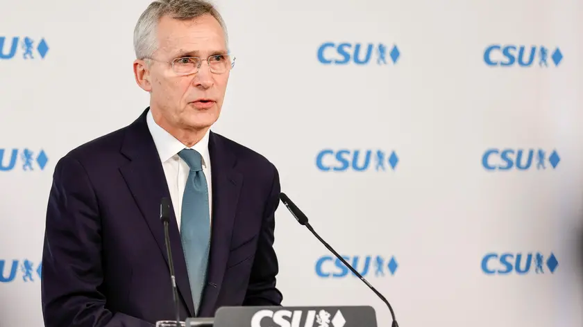 epa11157445 NATO Secretary General Jens Stoltenberg speaks during a press statement for the 'Transatlantic Forum' as a side event of the 60th Munich Security Conference (MSC), in Munich, Germany, 16 February 2024. More than 500 high-level international decision-makers meet at the 60th Munich Security Conference in Munich during their annual meeting from 16 to 18 February 2024 to discuss global security issues. EPA/RONALD WITTEK