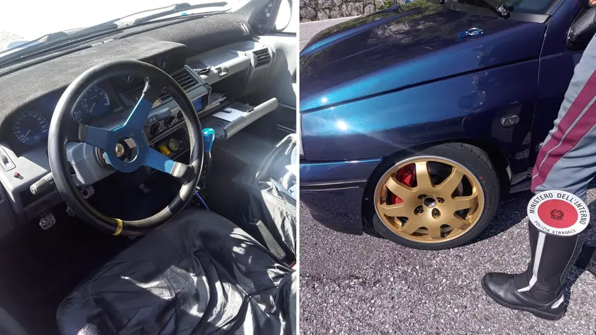 Il volante da competizione e i pneumatici “truccati” della Renault fermata dalla polizia