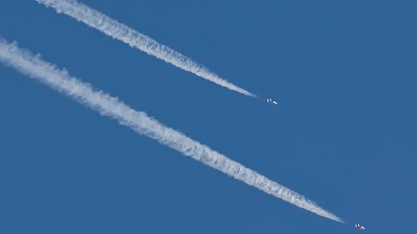 epa11057101 Israeli fighter jet fly over an area near the Lebanon-Israel border, in northern Israel, 04 January 2024. The Israeli military stated that the Israeli Air Force (IAF) struck Hezbollah targets in southern Lebanon on 04 January. Tensions remain high in the region following the killing of senior Hamas leader Saleh al-Arouri in Lebanon by a drone attack on 02 January. EPA/ATEF SAFADI